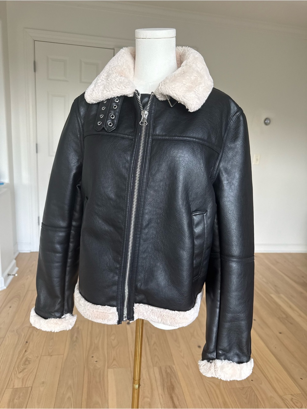 H&M Black Faux Leather Jacket with Cream Shearling Trim